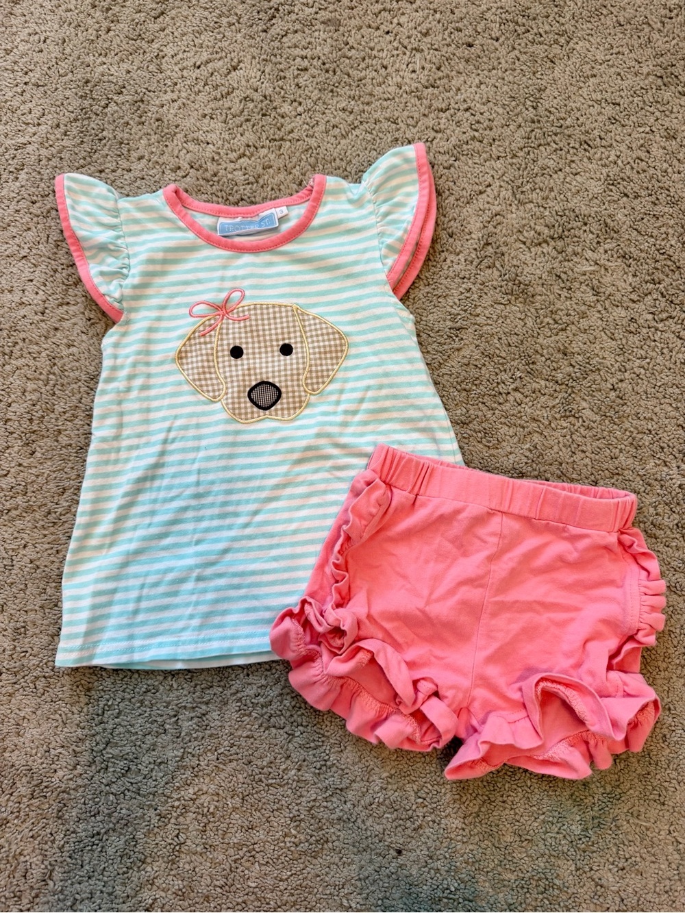 Girls Mint Stripe & Coral Ruffle Kids Matching Set - Puppy Appliqué